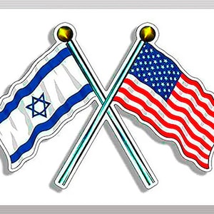 3x5 inch USA and Israel Waving Flags on Poles Sticker (decal vinyl bibi allies american isreali jewish)