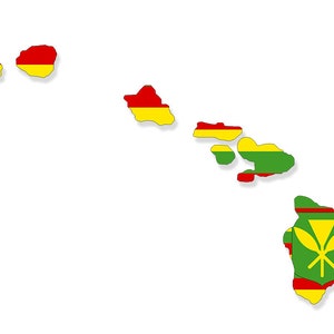 May include: An outline map of the state of Hawaii with the islands colored in the colors of the Hawaiian flag. The flag features red, yellow, and green stripes with a yellow symbol in the center.