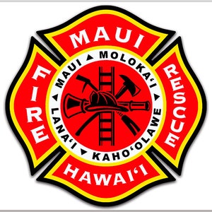 Maltese Shaped Maui Fire Rescue Sticker (decal vinyl hawaiian auto car truck rv laptop cell iphone firefighter hawaii hi)