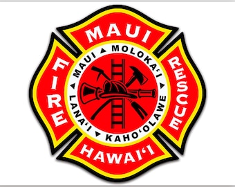 Maltese Shaped Maui Fire Rescue Sticker (decal vinyl hawaiian auto car truck rv laptop cell iphone firefighter hawaii hi)