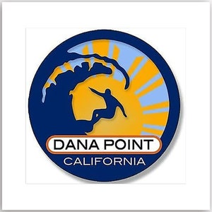 Round Surfer On Wave Dana Point California Sticker (decal vinyl auto car truck rv laptop cell iphone ocean surfing surf retro Cali)