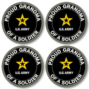 Pack of 4 Round Proud Grandma Of A Soldier Stickers (armed forces logo auto car truck rv laptop badge army vinyl decal) US Army Licensed