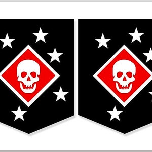 May include: Two black and white patches with a red diamond in the center. The diamond contains a white skull and crossbones. Each patch has five white stars around the diamond.