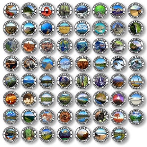 Sheet of 63 Round All US National Park Stickers (travel auto car truck rv laptop hike camp cell iphone small all np scrapbooking set)