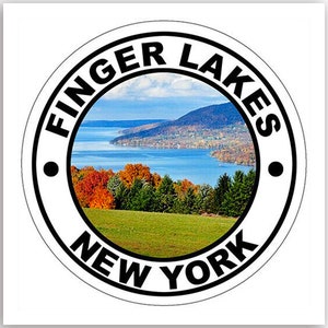 Round Finger Lakes New York Sticker (decal vinyl hike camp auto truck car rv laptop cell  hike auto travel park swim camping ny)