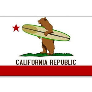 3x5 inch California Surfing Bear Sticker (decal vinyl surf board cali ocean flag surfer ca republic)