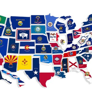 May include: A map of the United States of America with each state's flag displayed in its corresponding location. The flags are colourful and varied, representing the diversity of the country.