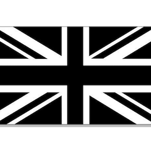 Puede incluir: Una bandera de la Unión Jack en blanco y negro. La bandera es un símbolo del Reino Unido.