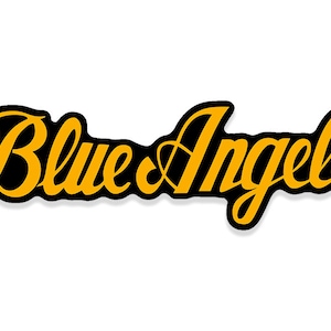 May include: A black and gold logo with the text "Blue Angels" in a stylised script font.