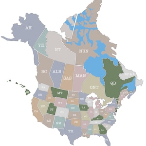 Pegatinas de 24 x 24 pulgadas con 63 estados y provincias de EE. UU. y Canadá, más calcomanía maestra (mapa de EE. UU., Canadá, Estados Unidos, EE. UU., ventana de auto, casa rodante, camión)