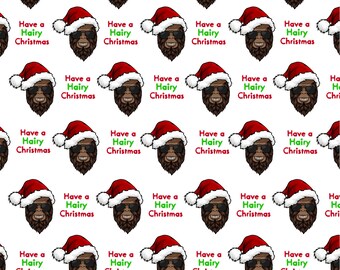 May include: A repeating pattern of a cartoon illustration of a hairy man wearing a Santa hat and sunglasses. The text "Have a Hairy Christmas" is repeated throughout the pattern.