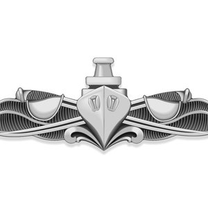 2.5x6 Inch SILVER US Navy Surface Warfare Specialist Sticker (armed forces auto car truck rv cell logo badge usna vinyl decal) US Navy Lic.