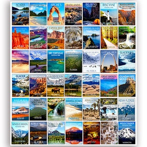 Sheet of 1.5 inch tall: All 63 National Parks Poster Art Stickers (decal vinyl rv auto car trails camping hiking laptop scrapbooking states)