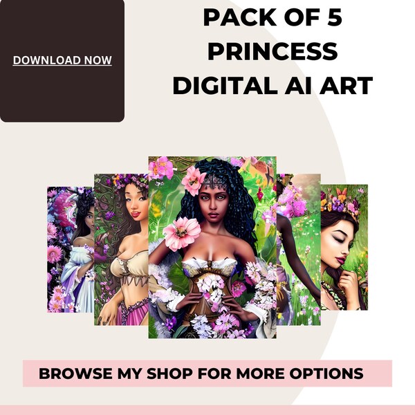 Pack OF 5 Digital Fantasy Art, Cute feminine art, Princess AI Art Print, AI-generated princess portraits, fairytale art, black girl art