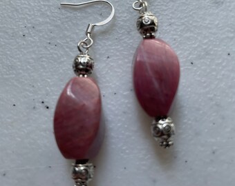Dusty Rose stone earrings with silver beads and silver ear wires