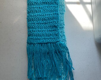 Ombré Hand-Crocheted Aqua blue scarf made with acrylic yarn.