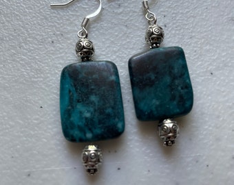 Teal Green stone earrings with silver beads and silver ear wires