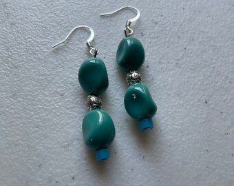 Blue Stone earrings with silver beads and silver ear wires