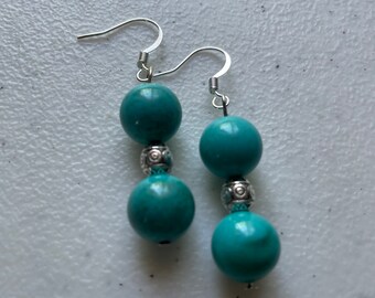 Blue stone earrings with silver beads and silver ear wires