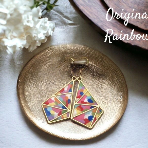 Geometric Stained Glass Earrings/Unique Colorblock Resin Dangles/Multicolor Diamond Shaped Dangles