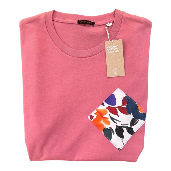 T-Shirt Rosa Antico, finto taschino rombo, t-shirt unisex, cotone organico