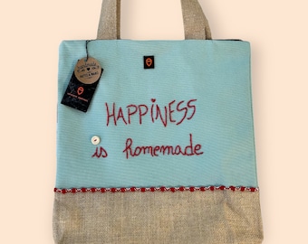 Sage shopper bag, embroidered tote bag, "happiness is homemade", laptop tote bag, cotton and natural jute