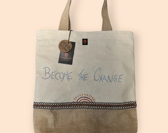 Natural White shopper bag, embroidered tote bag, laptop tote bag, become the change, cotton and natural jute