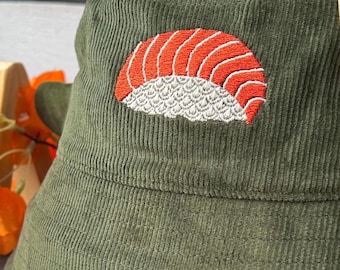 Nigiri Sushi Embroidered Ribbed Velvet Bucket Hat - Japanese Art