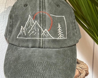 Mountains Embroidered Cap, Embroidery Design, Baseball Cap, vintage style