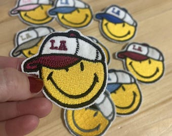 Parche bordado con carita sonriente, aplique para gorra LA, manualidades de costura DIY