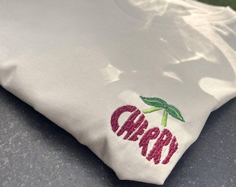 Camiseta con bordado de cerezas, estilo bohemio, camiseta vegana.