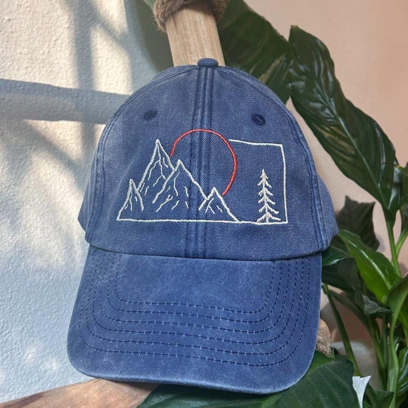 denim cap, mountains embroidered
