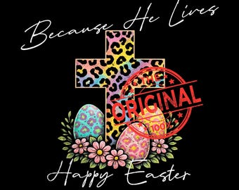 彼が生きているからハッピーイースターPNG、キリスト教のイースタークロスPNG、ヒョウ柄の十字架イースターデザイン、宗教的なイースター昇華ファイル