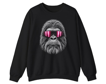 Sasquatch Sweatshirt wearing Pink Visor | Retro Bigfoot Crewneck | Unisex Gildan 18000 Pullover | Cool Cryptid Gift