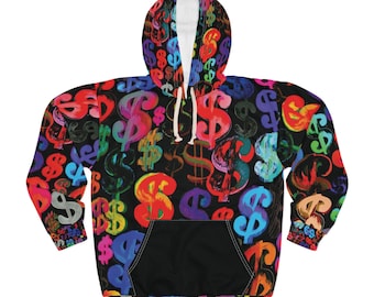 Money Print Hoodie, Dollar Sign Hoodie, Streetwear Graphic Hoodie, AOP Hoodie Unisex, Colorful Money Sweatshirt, Urban Fashion Pullover