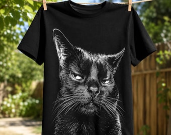 Side eye Black Cat Shirt, Unisex Cat Face Graphic Tee, Funny Cat Lover Gift, All Over Print Polyester T-Shirt, Gothic Pet Apparel