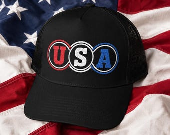USA Foam Trucker Hat, Patriotic Embroidered Otto Cap, Red White Blue America Mesh Snapback, Summer Beach Hat, Unisex Gift