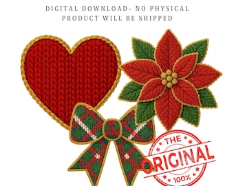 クリスマスフェイクヤーン クリップアートセット – ポインセチア、編み込みハート、チェック柄リボン | 3 PNG デジタルダウンロード | 300 DPI | ホリデーステッカー クリップアート