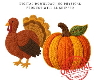 感謝祭の七面鳥とカボチャのフェイクヤーンPNGバンドル | デジタルニットクリップアート要素2点 | 300 DPI | 秋のラッチフックアート