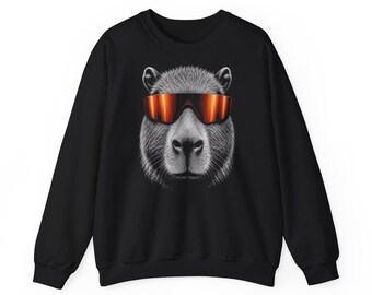 Capybara Sweatshirt with Sunglasses, Funny Animal Crewneck, Cool Capybara Gift, Wildlife Graphic Pullover, Unisex Black Sweatshirt