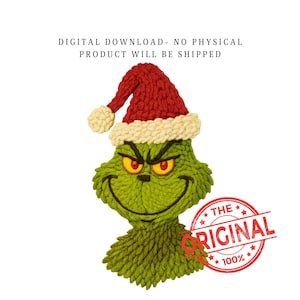 Puede incluir: Una cara verde del Grinch tejida con un gorro de Papá Noel rojo con un borde color crema. El Grinch tiene ojos amarillos y una amplia sonrisa. El texto "THE ORIGINAL 100%" está estampado en la imagen.