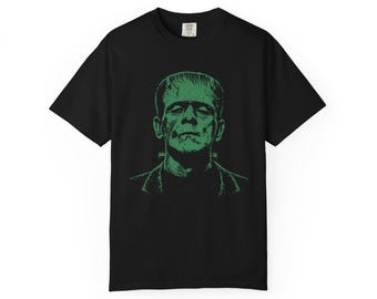 Frankenstein Monster Shirt, Vintage Horror Tee, Green Monster Graphic T Shirt, Halloween Shirt, Charcoal Comfort Colors Tee
