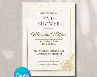 エレガントな男の子向けベビーシャワー招待状テンプレート｜ネイビー、ゴールド（5x7インチ デジタルダウンロード）