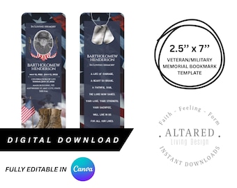 Military Memorial Bookmark Template | Editable Veteran Funeral Keepsake (Digital Download)