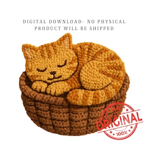 May include: A handmade orange tabby cat rug, curled up and sleeping in a brown basket. The rug is made with a textured, looped yarn. The text "DIGITAL DOWNLOAD- NO PHYSICAL PRODUCT WILL BE SHIPPED" is at the top.