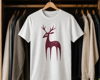Minimal Deer T-Shirt, Abstract Woodland Graphic Tee, Scandinavian Style Cotton Shirt