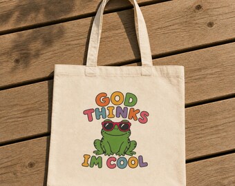 God Thinks I'm Cool Tote Bag, Christian Frog Canvas Tote, Cute Bible School Bag, Kids Church Gift, Teacher Library Bag, Reusable Tote Bag