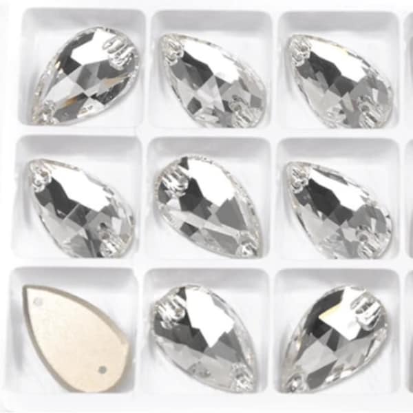 Crystal Clear - Sew On Glass Crystal Teardrop / Pear Flatback Rhinestones 11x18mm 13x22mm - Premium K9 Glass Gemstones