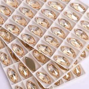 Navettes de cristal de vidrio para coser Golden Shadow / Honey 3223 de 7 x 15 mm y 9 x 18 mm con parte trasera plana - Piedras preciosas de vidrio K9 de primera calidad con corte marqués