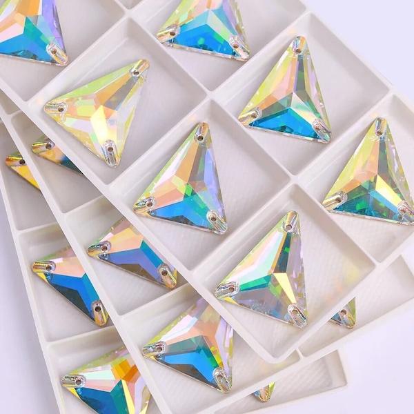 Crystal AB - Isosceles / Tall / Slim Triangle Sew On Glass Flatback Rhinestone Crystal in 18x21mm & 25x28mm - Premium K9 Glass Gemstones